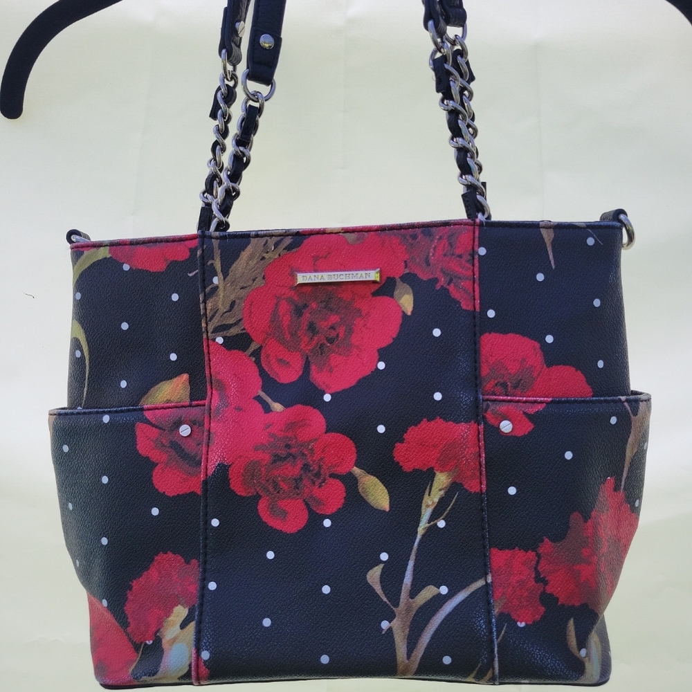 DANA BACHMAN FLORAL HANDBAG W/ CHAIN STRAPS.